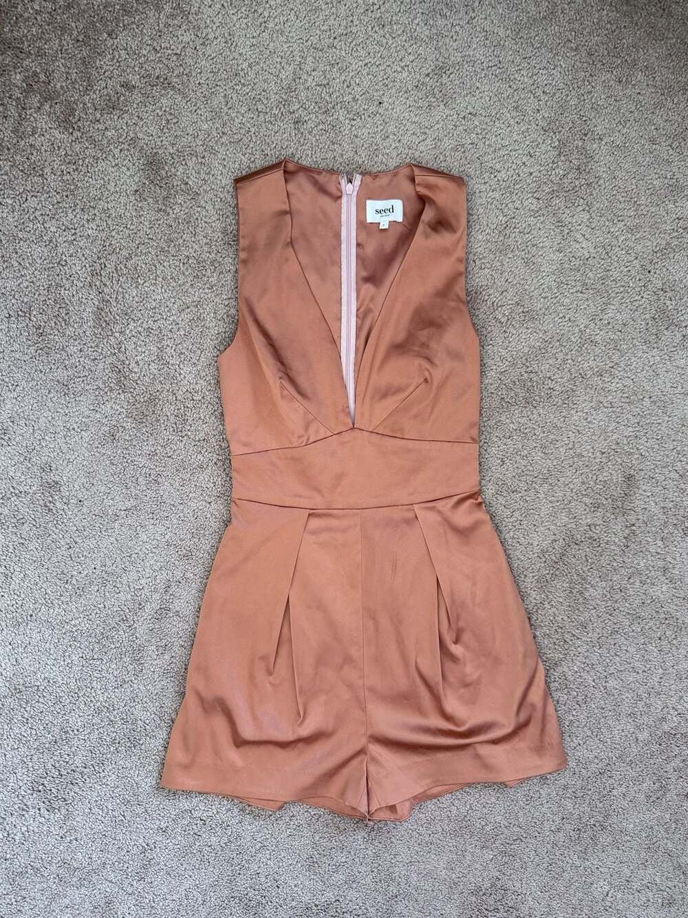 Seed Heritage Sleeveless Satin V-Neck Plunge Romper in Copper